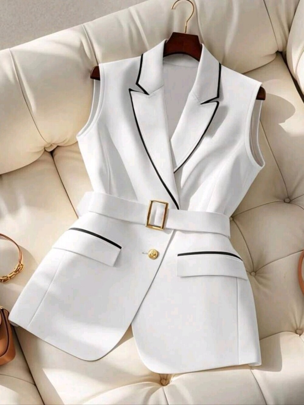White Sleeveless Blazer Vest with Black Trim - Picture 1 of 6